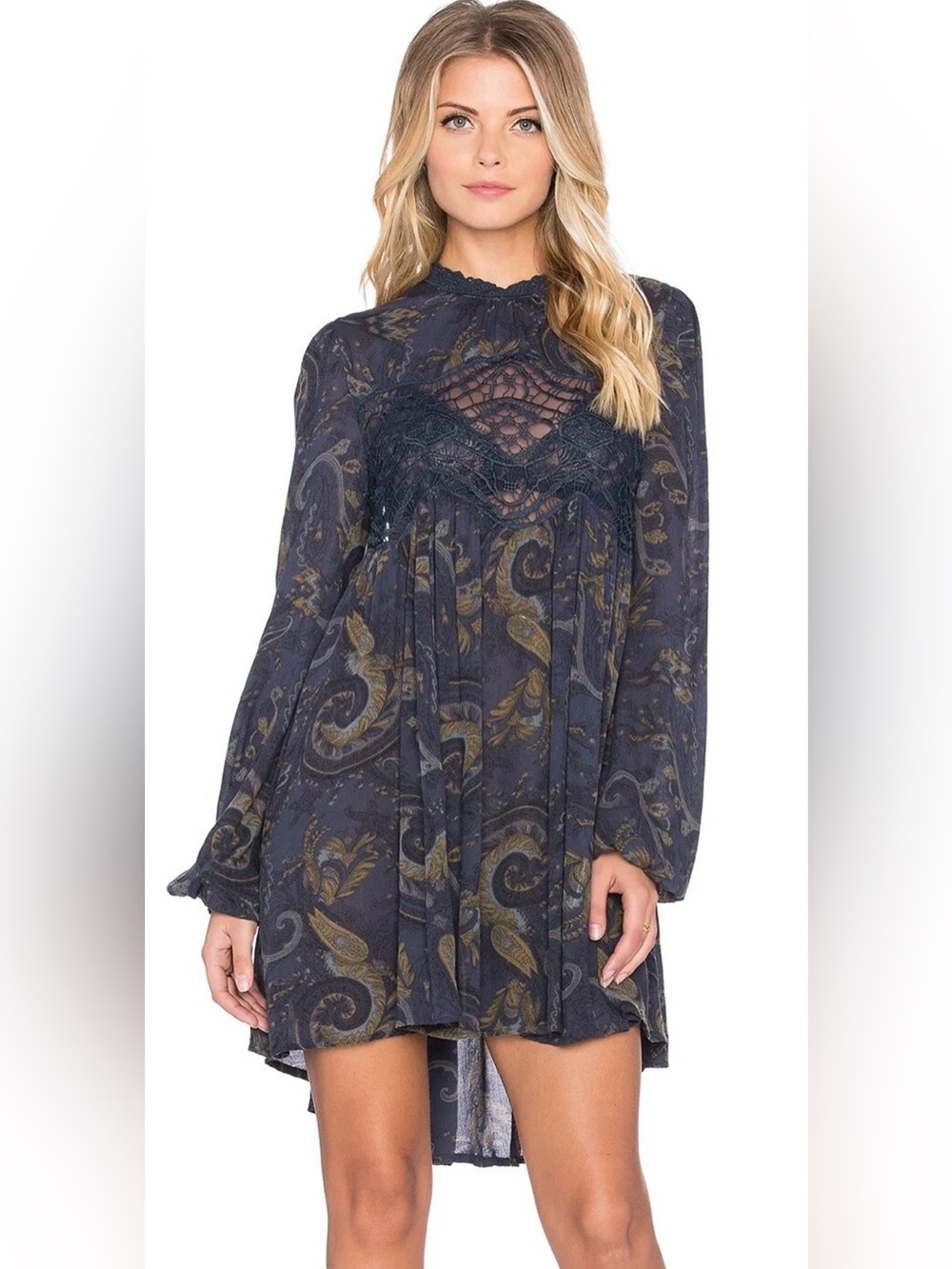 Free People Sweet Thing Mini Dress Paisley Print Open Back Crochet Panel Boho XS - Picture 8 of 8